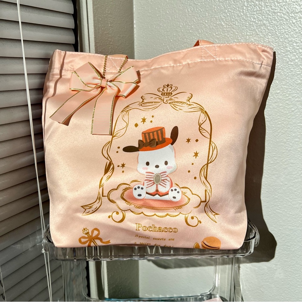 New Sanrio Pochacco Satin Tote. Coral pink peach color